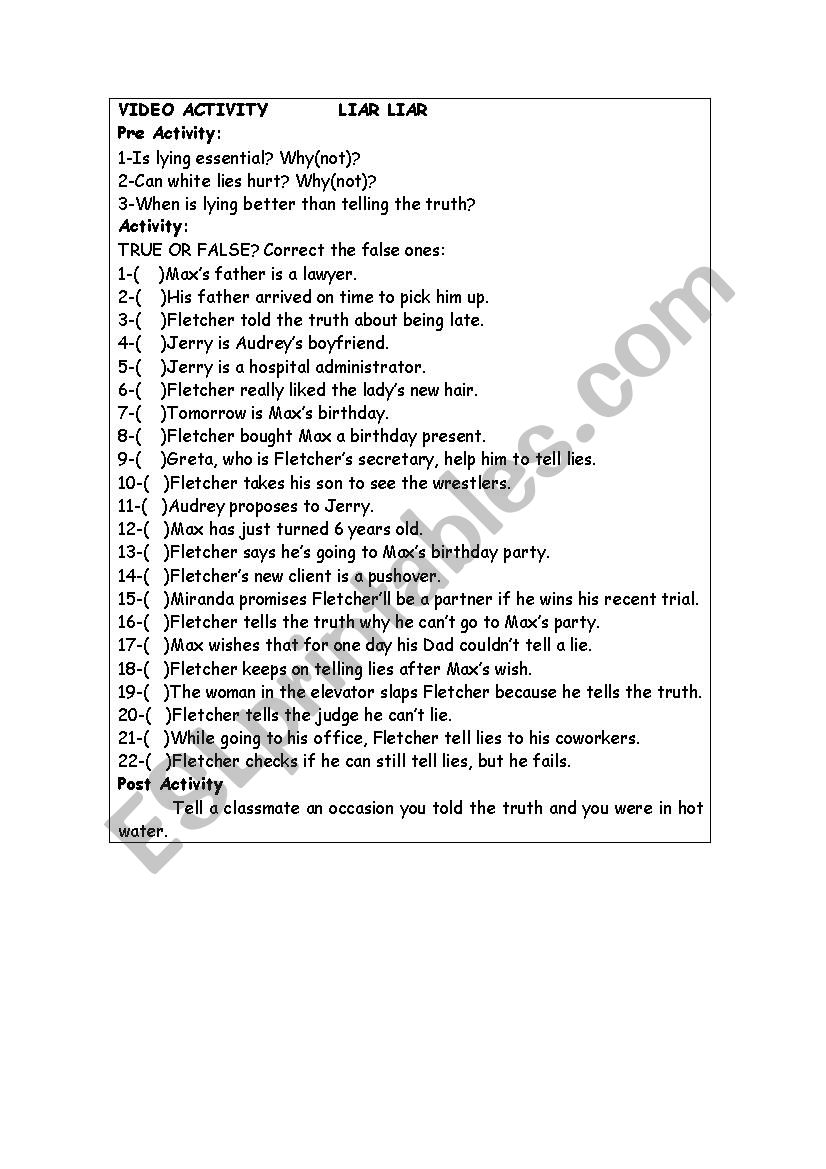 Video Activity - Liar Liar worksheet