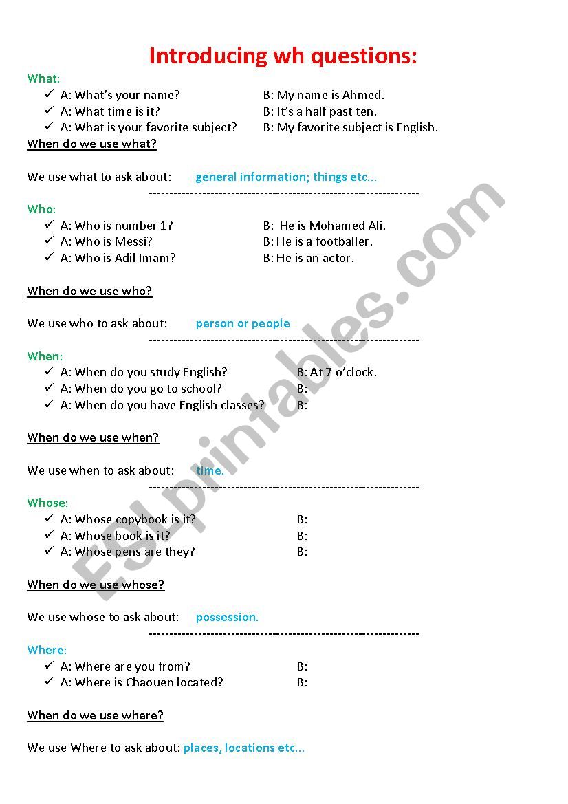 Introducing wh questions: worksheet