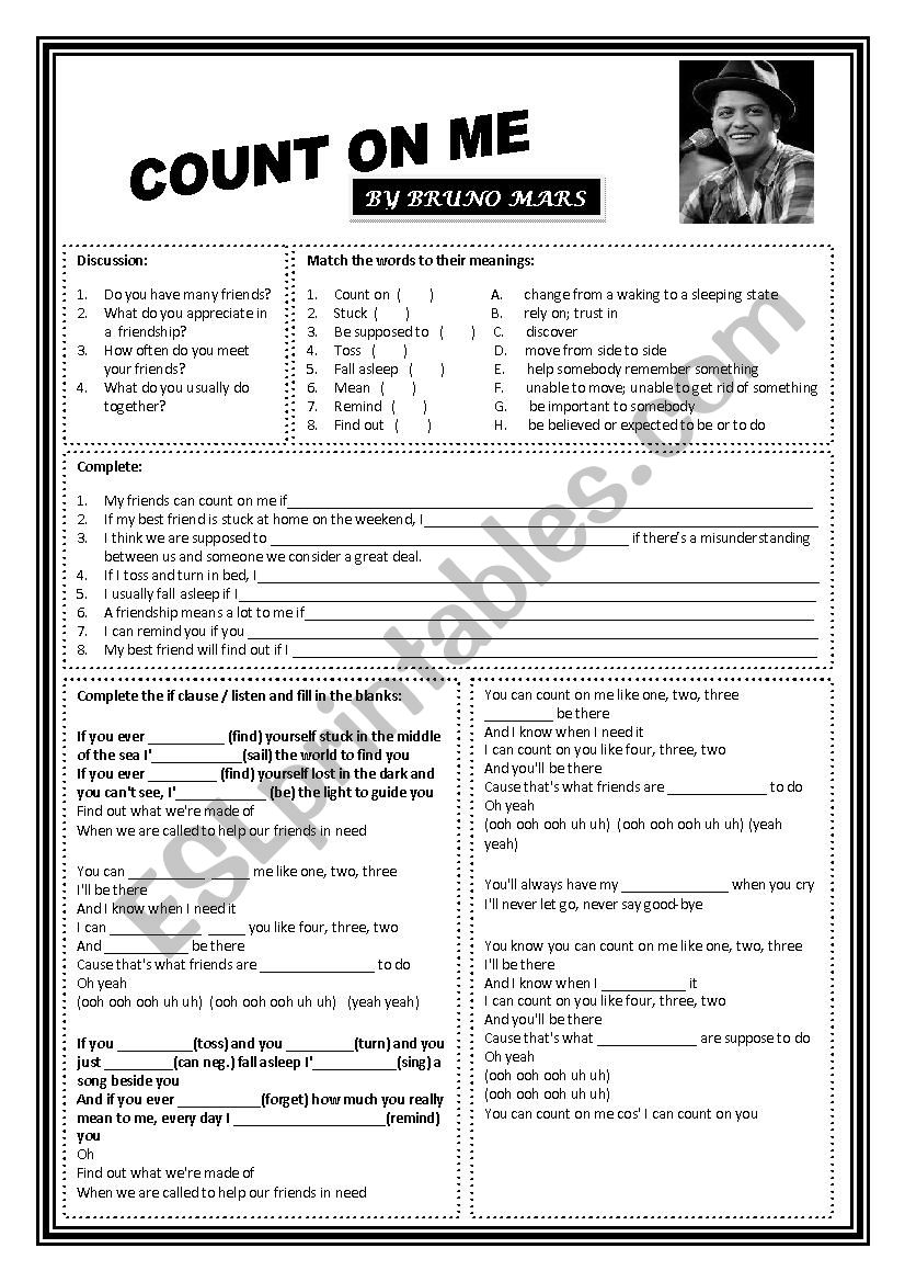 Song Count on me worksheet