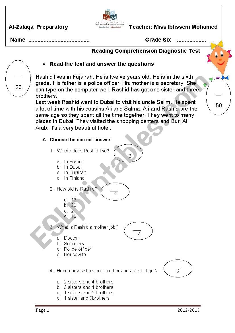 reading and writing diagnostic test for grade 6