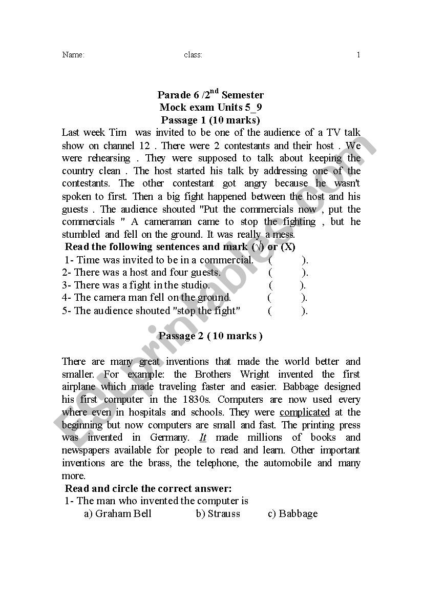 Grade 6 mock exam worksheet