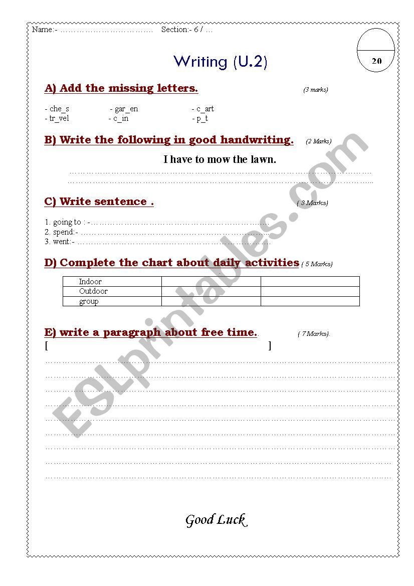 Writing exam for grade 6 worksheet