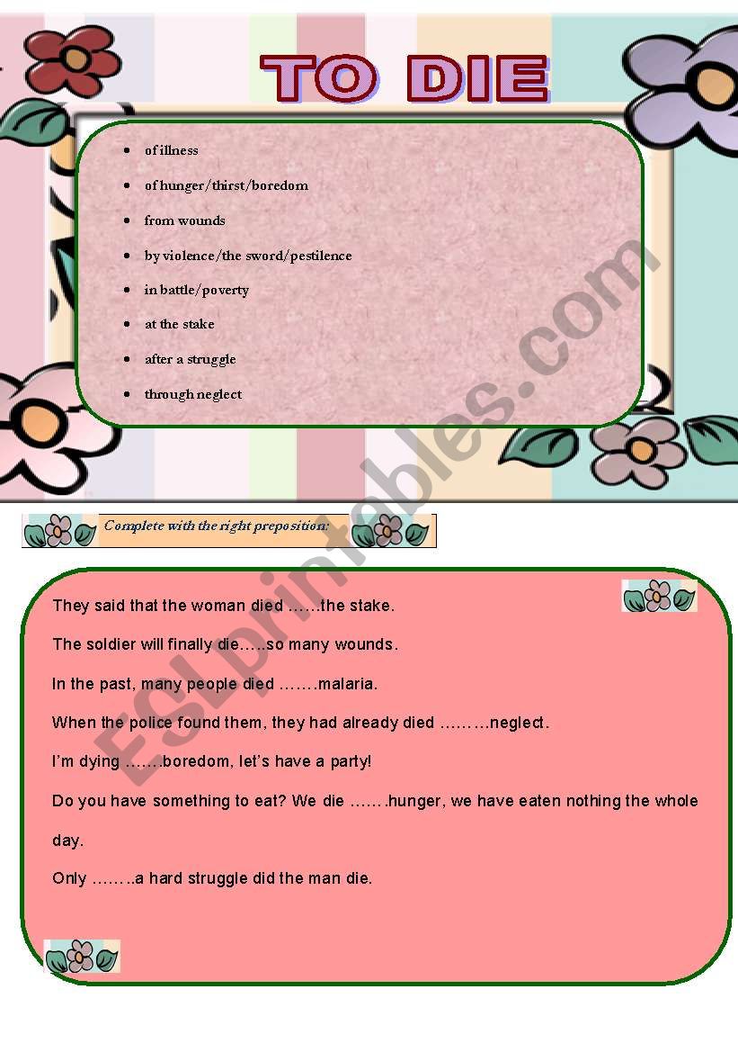 TO DIE -- prepositions worksheet