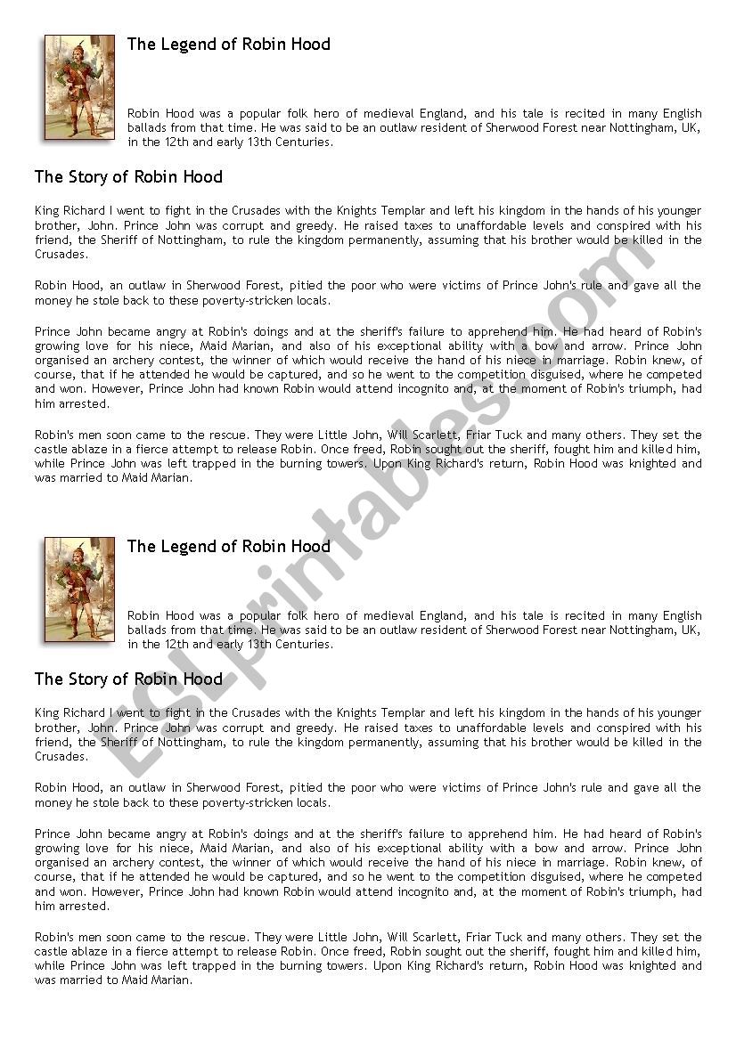 The Legend of Robin Hood worksheet