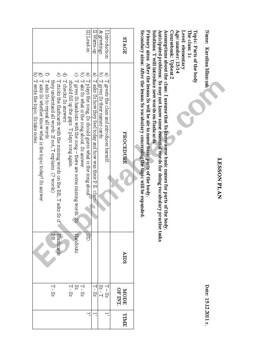  Parts of the body worksheet