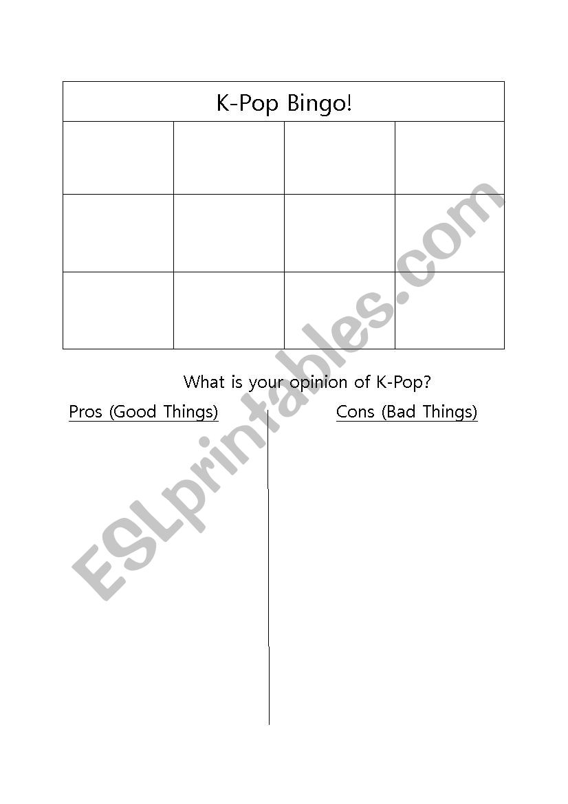 K-Pop bingo and pros and cons worksheet