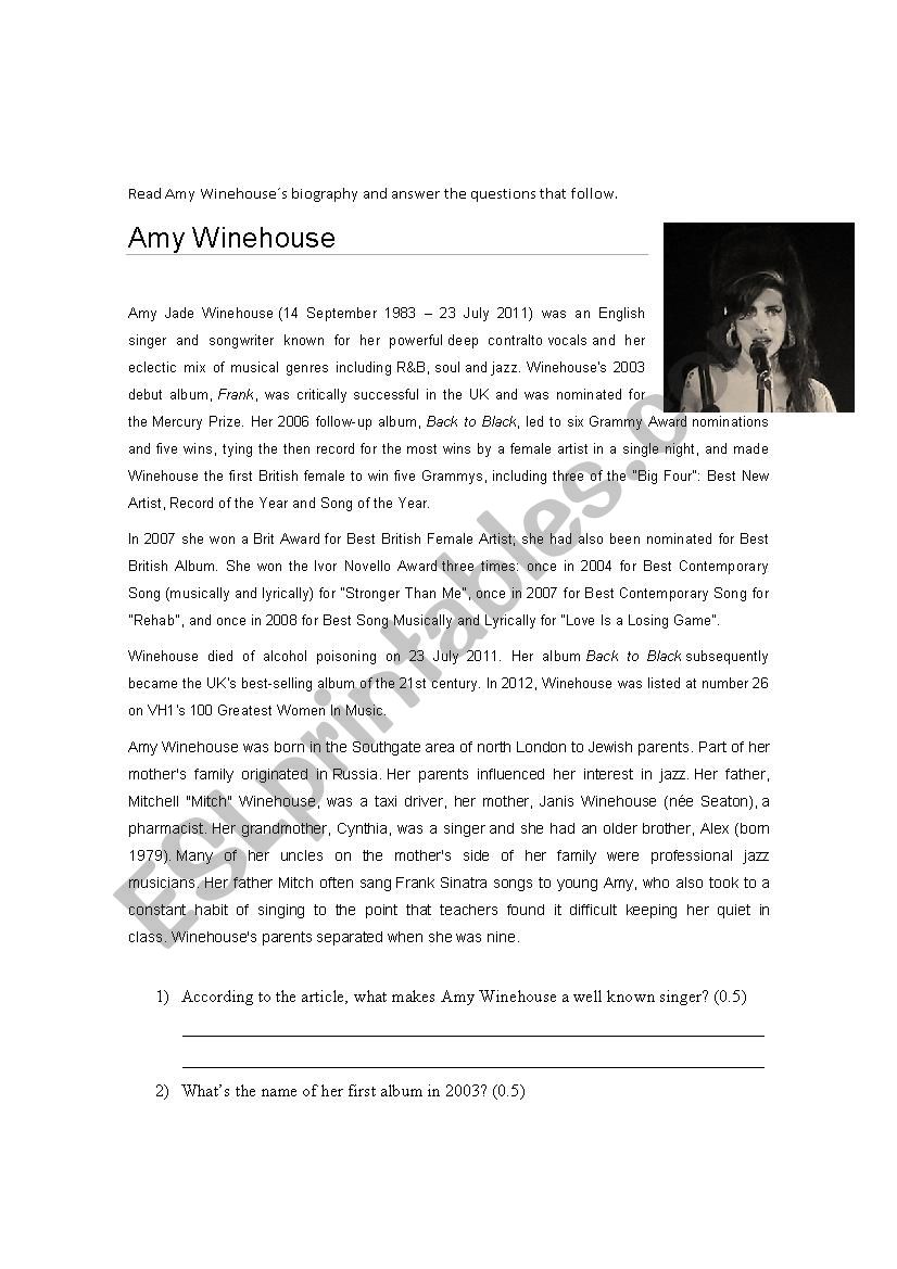 Amys biography worksheet
