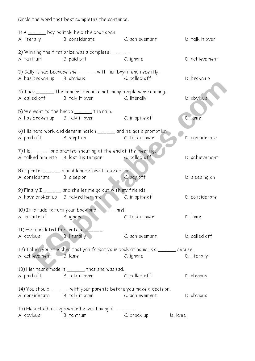 Vocabulary worksheet