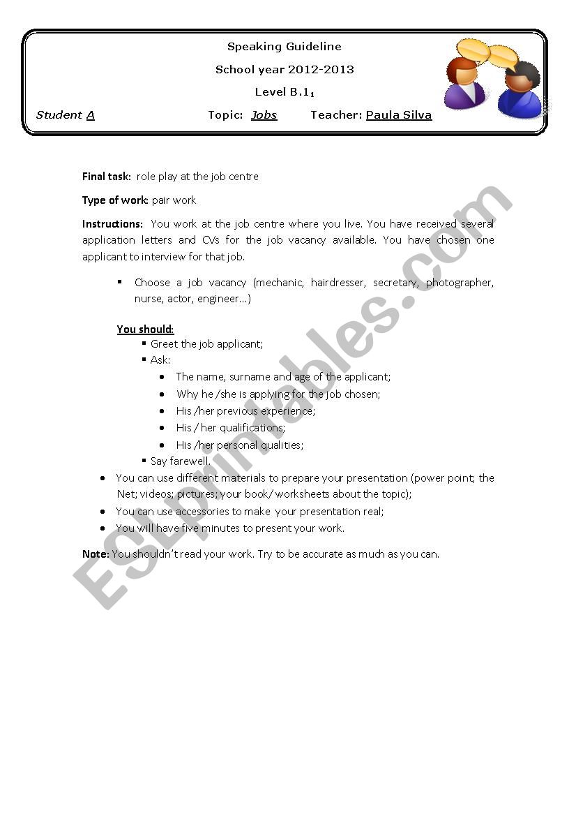Speaking guideline PART 1 worksheet