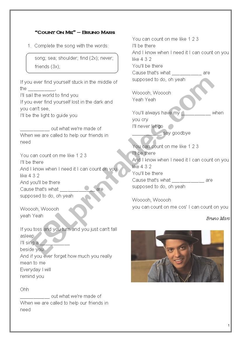 Song Count on me Bruno Mars worksheet