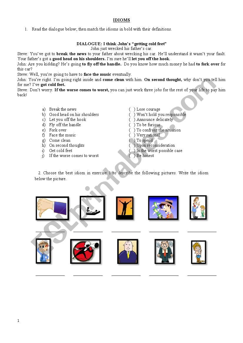 Idioms handout worksheet