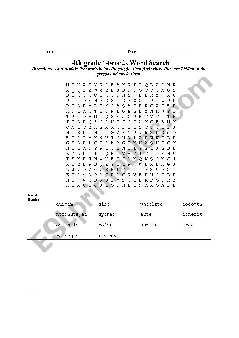 4th Grade words    Wordsearch, Mutiplechoice, Word Guide