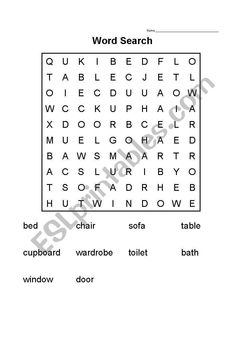 Furniture word search worksheet