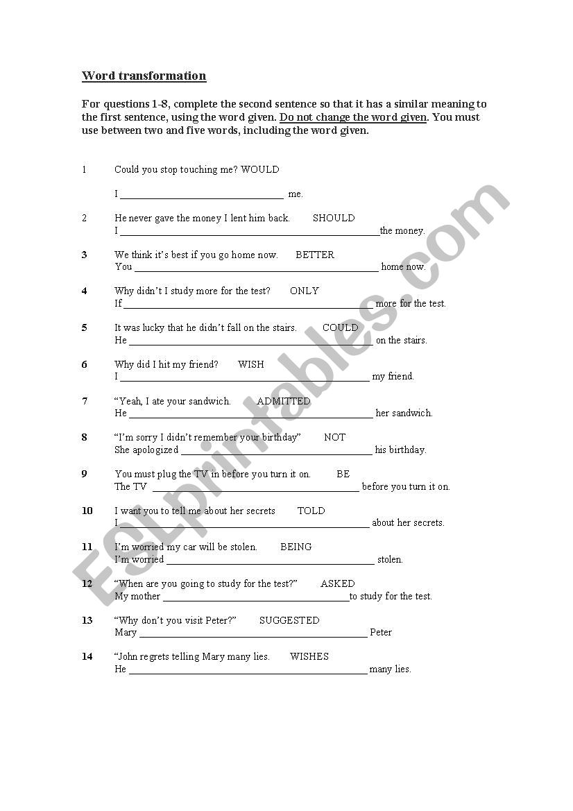 Word tranformation worksheet