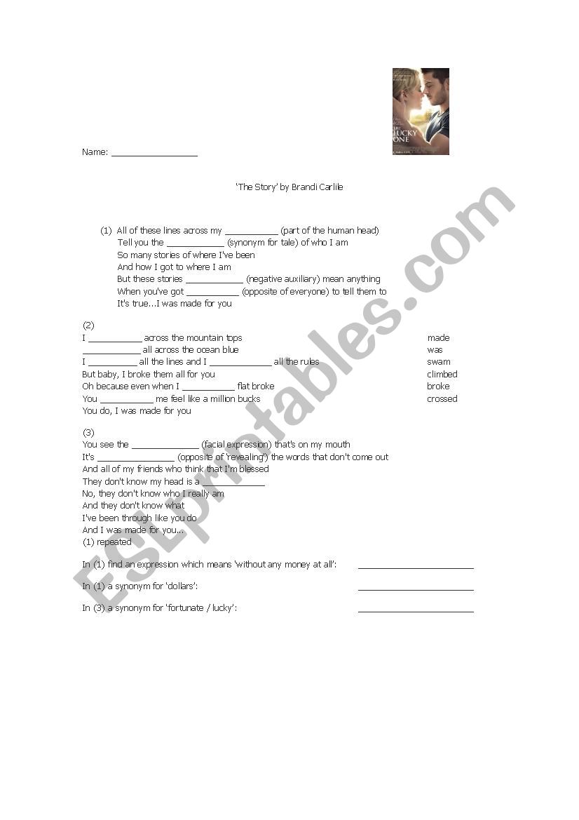 ´The Story´ by Brandi Carlile song ESL worksheet by inglesaenmadrid