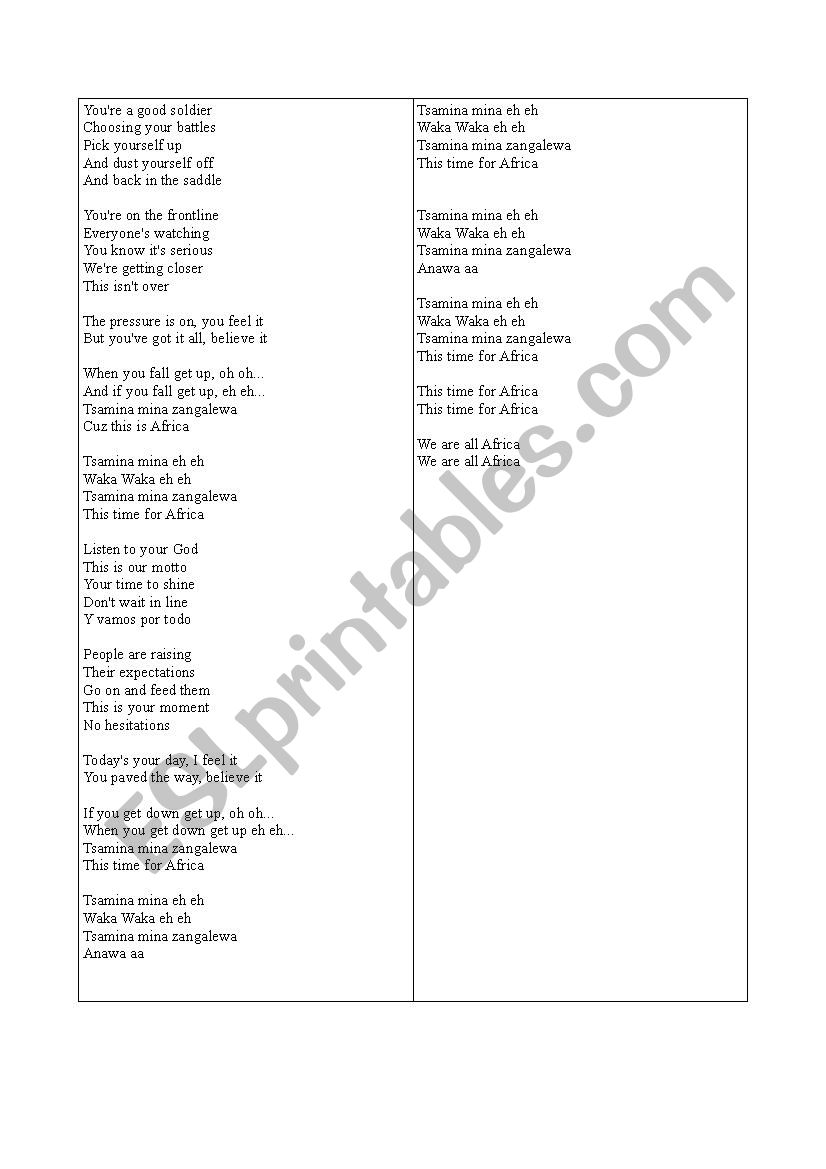 Waka, waka worksheet