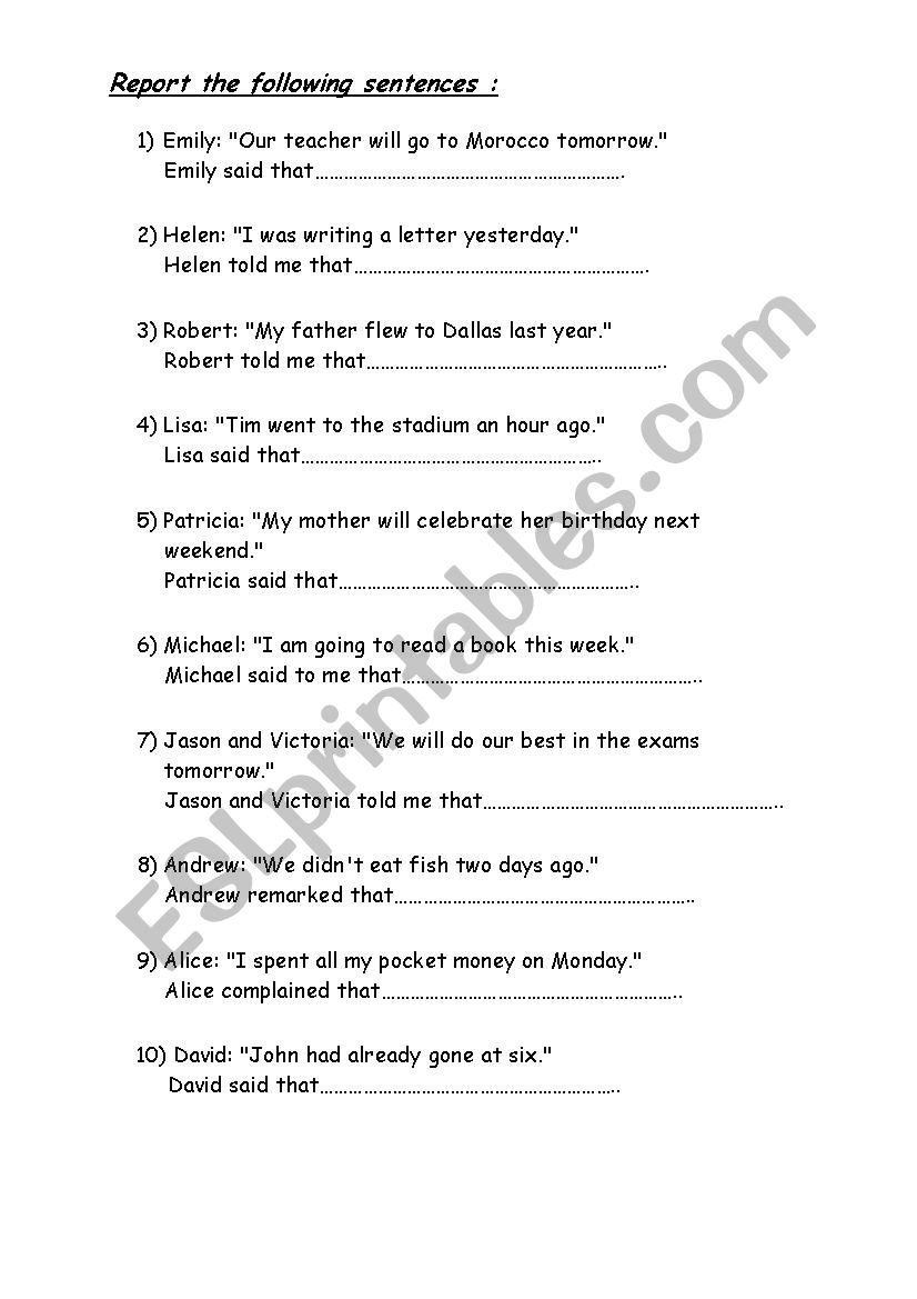 reported speech worksheet