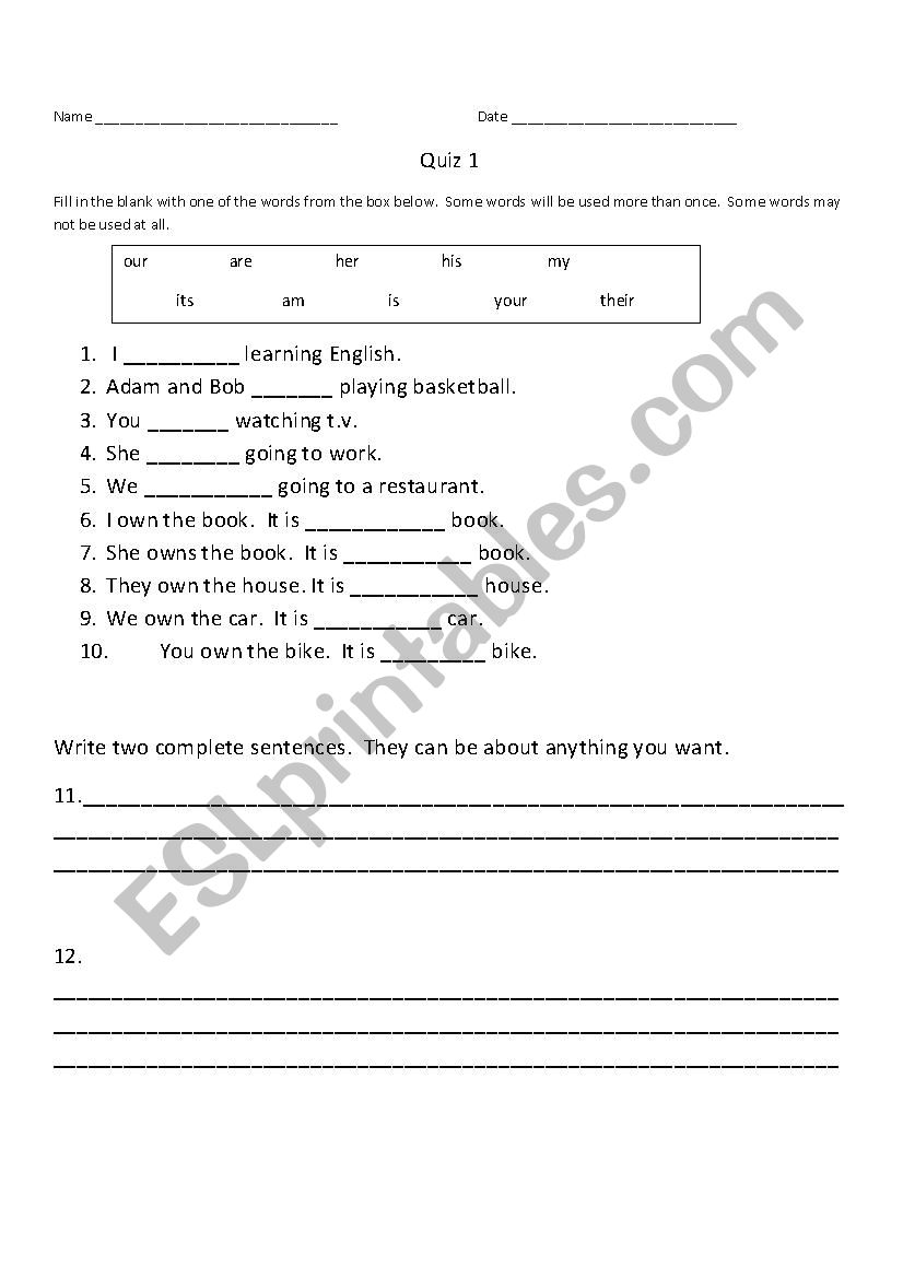 Quiz for Adult Beginning ESL Units 1-2