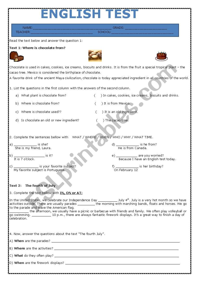 English test worksheet