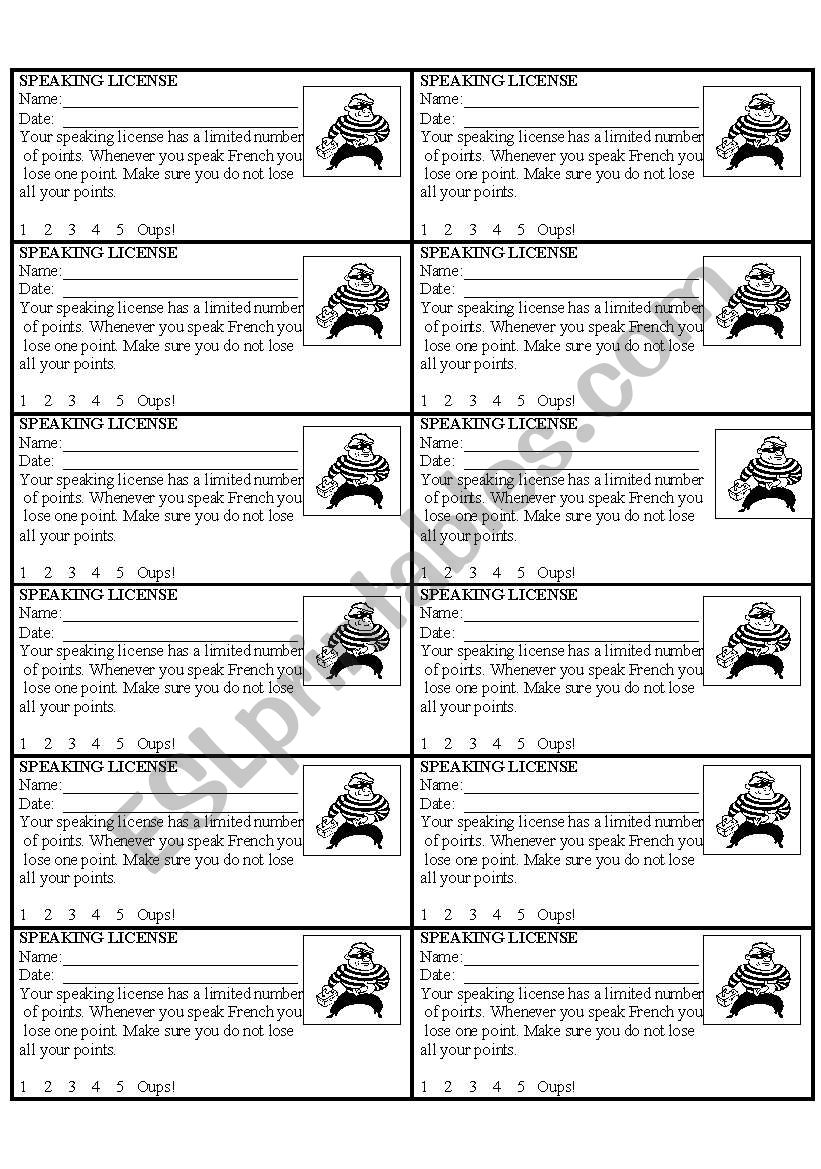 Speaking License worksheet