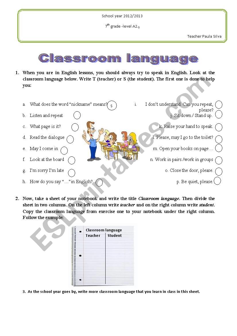 Classroom language worksheet