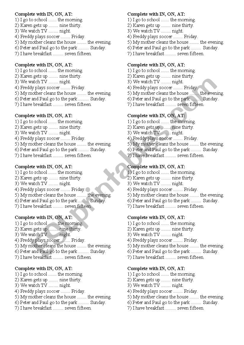 prepositions in, on, at worksheet