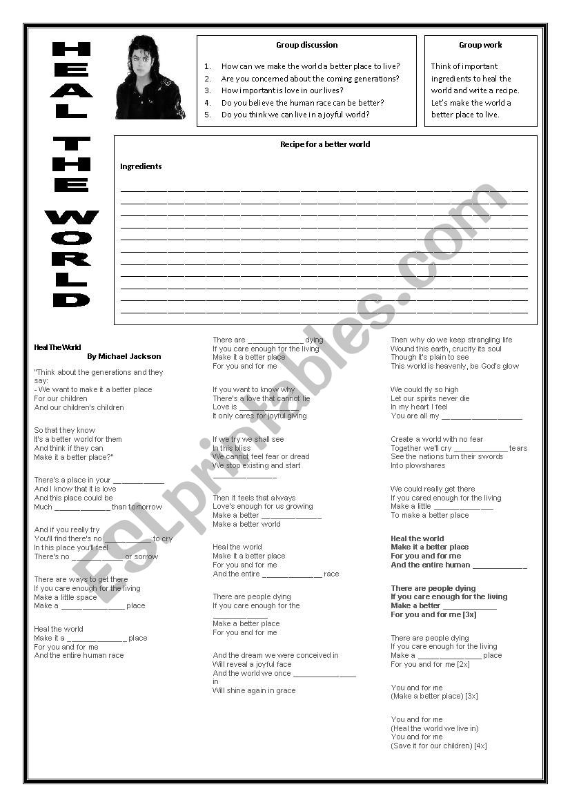 Heal the world worksheet