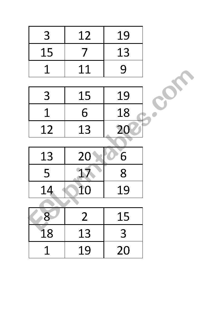 numbers bingo from 1-20 worksheet