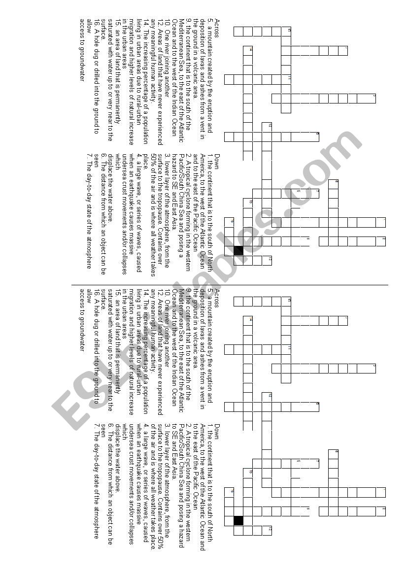 Geography vocabulary crossword puzzla with wordsearch grid