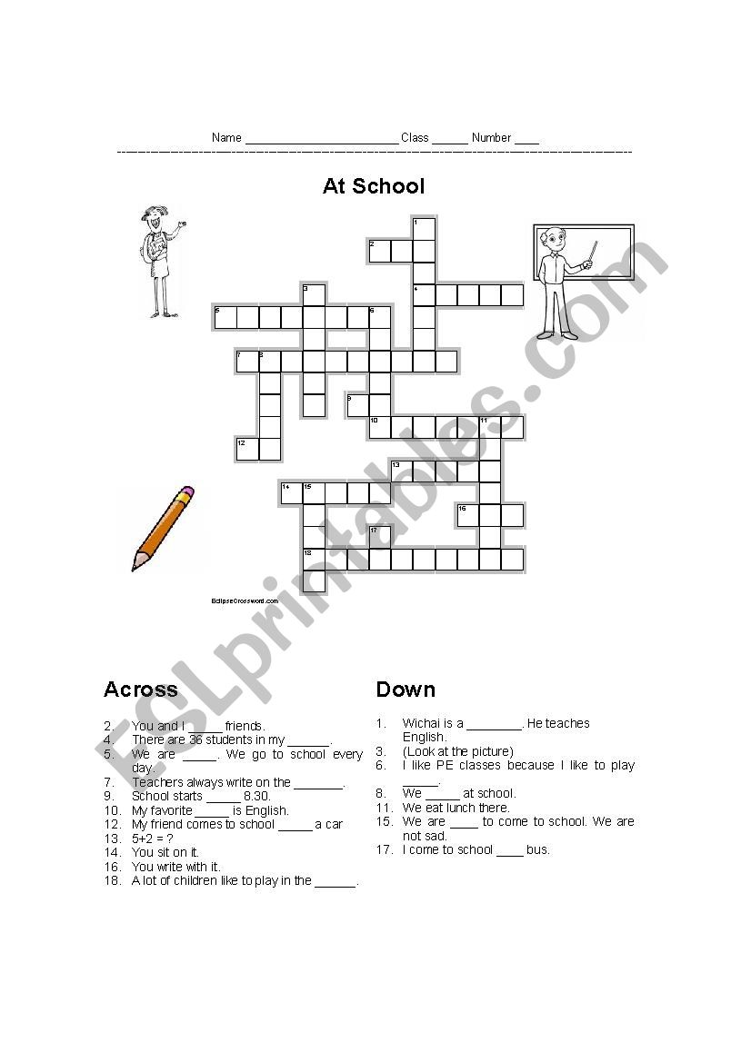 At School crossword worksheet