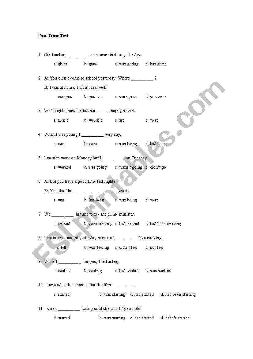 past tense test worksheet