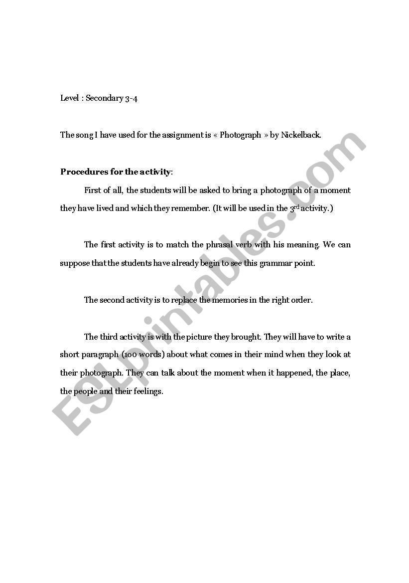 Photograph (by Nickelback) worksheet