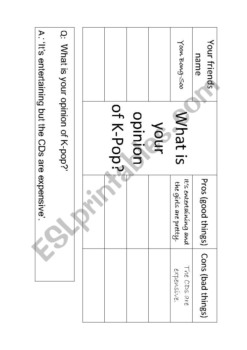 K-Pop opinion conversation sheet