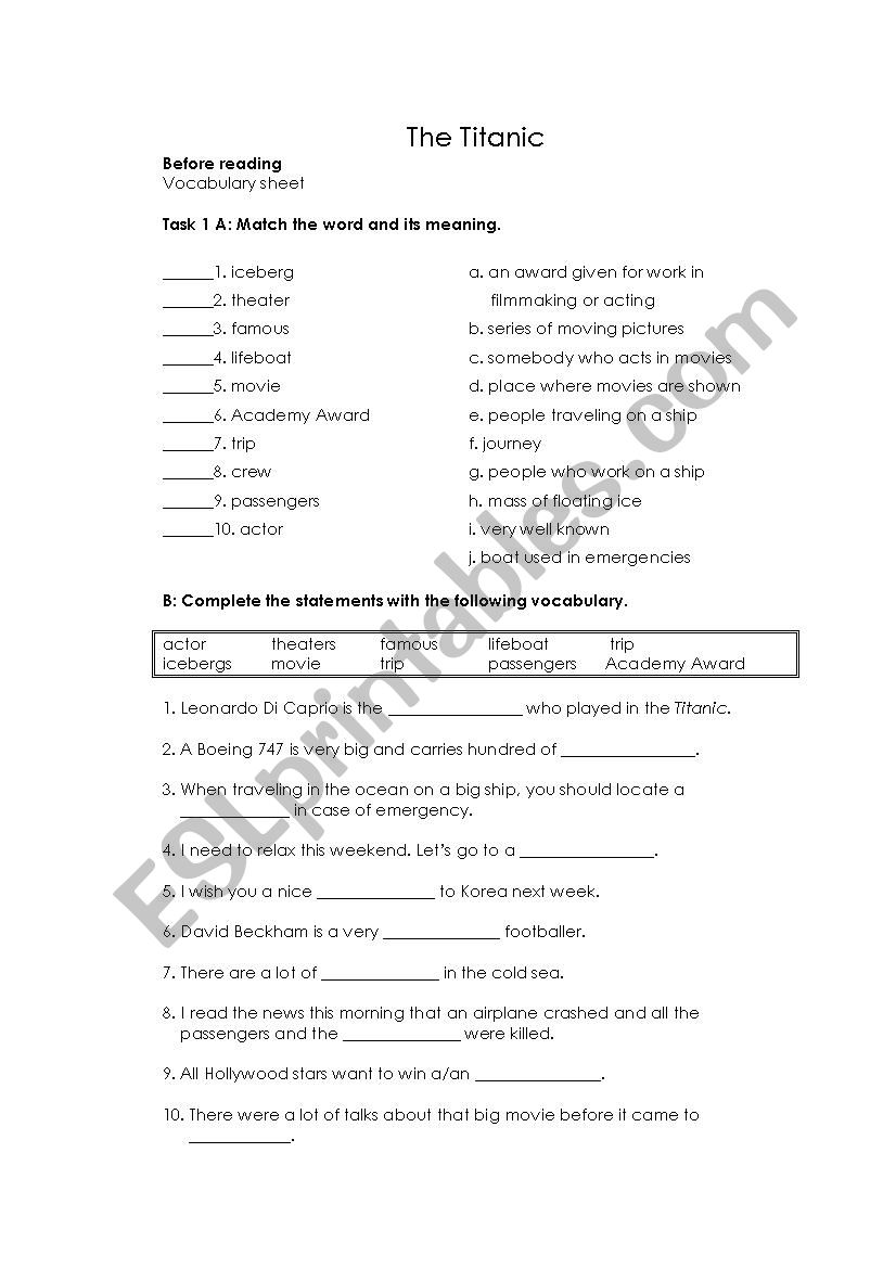 The Titanic worksheet