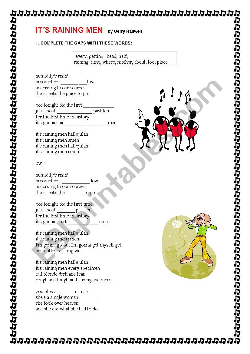 song its raingin men worksheet