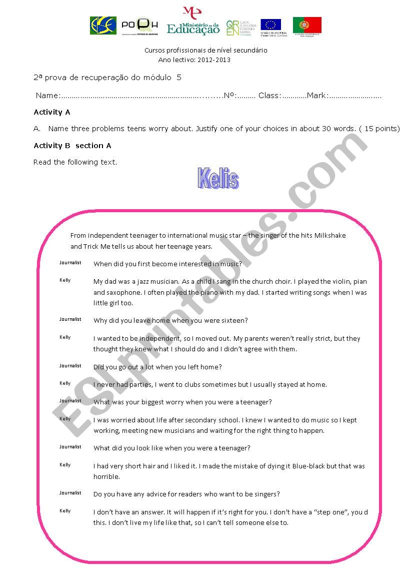 test - teenage world worksheet