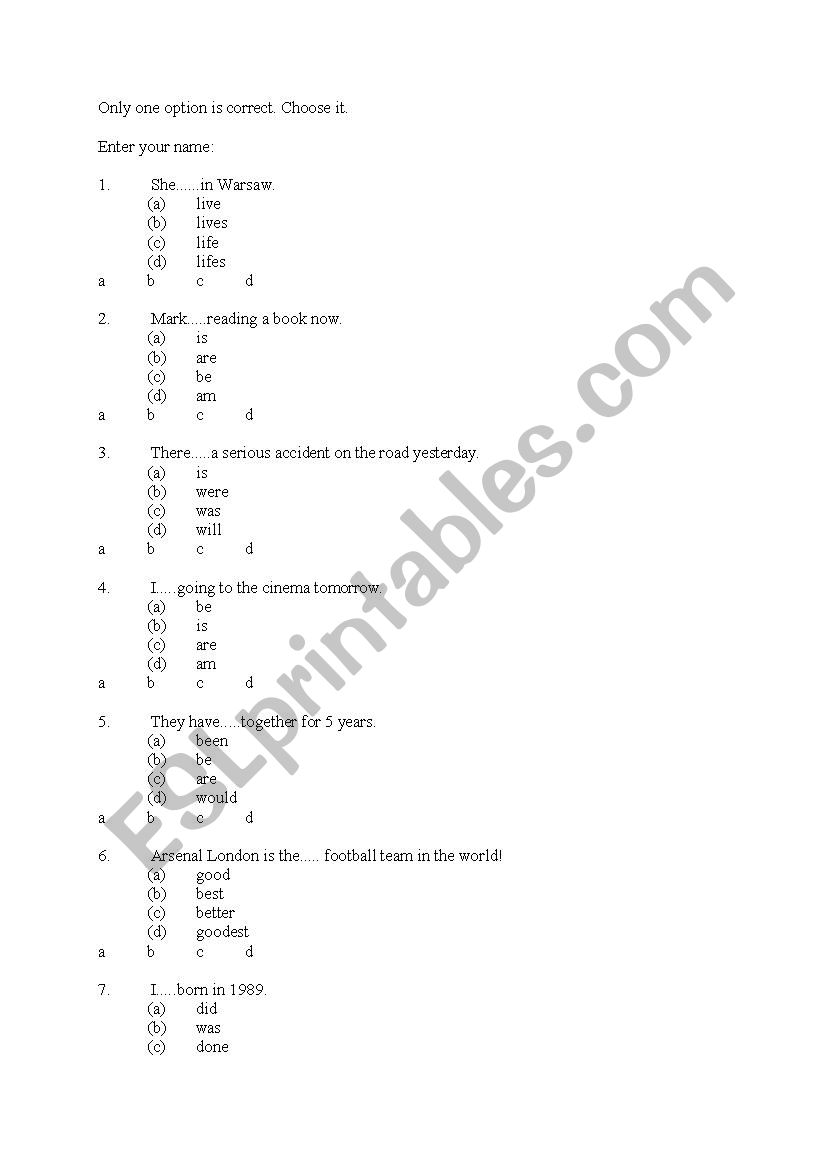 Grammar Test worksheet