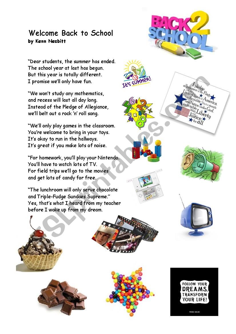 Welcome Back to School Poem worksheet