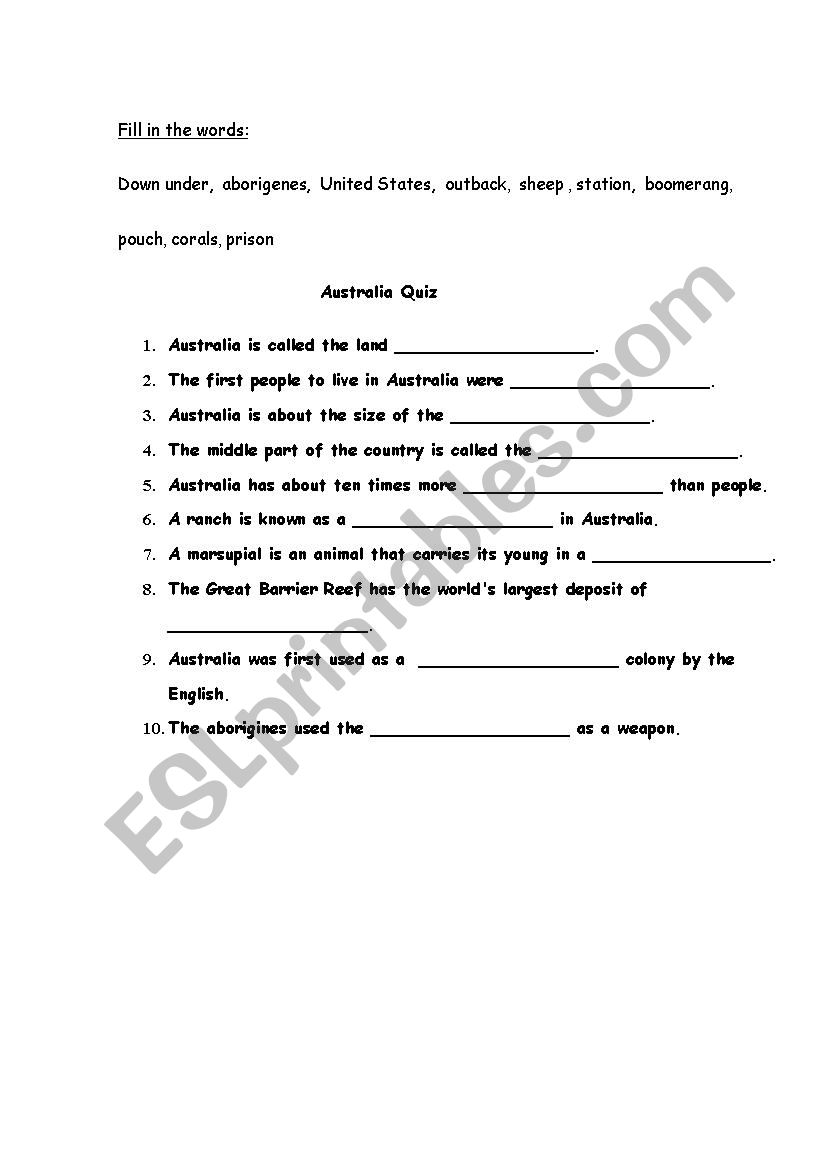 Australia quiz worksheet