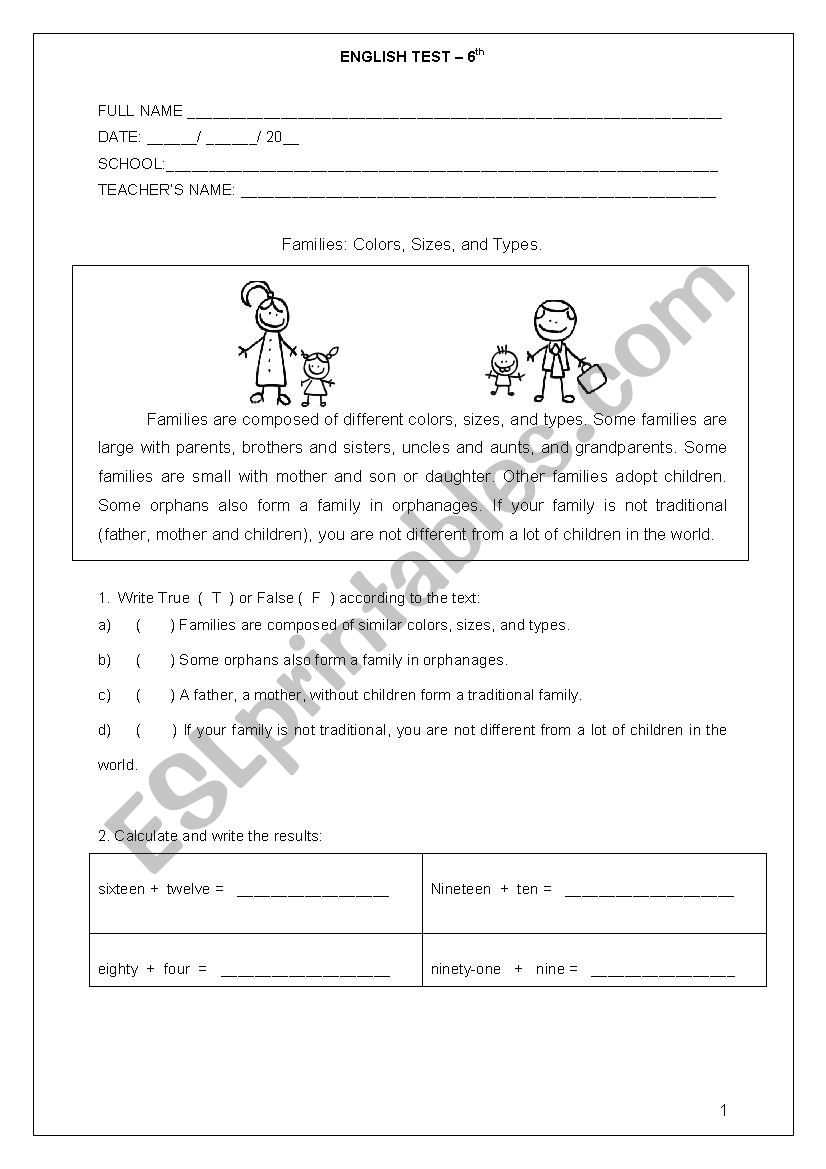 Families worksheet