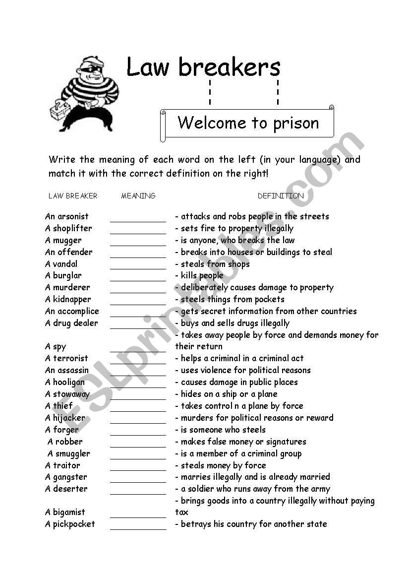 Law breakers - VOCABULARY worksheet