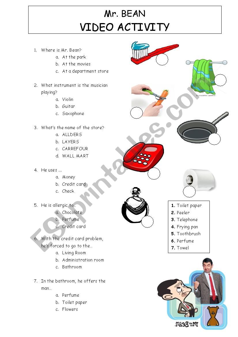 Mr Bean goes shopping worksheet