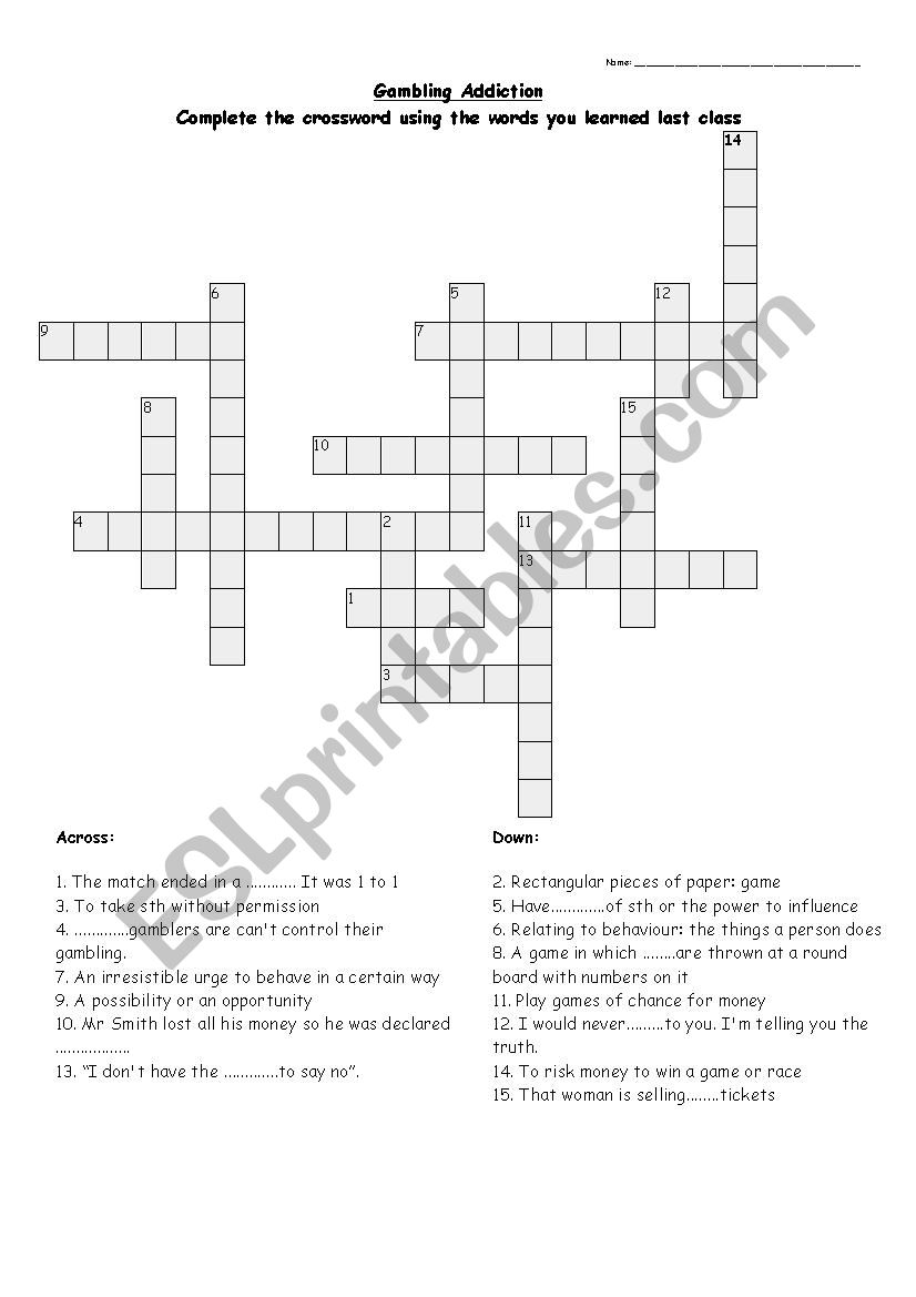 Gambling addiction - crossword