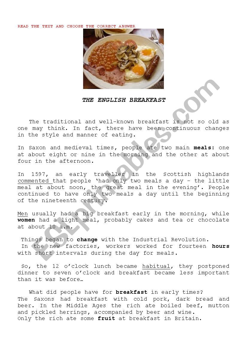 THE ENGLISH BREAKFAST worksheet