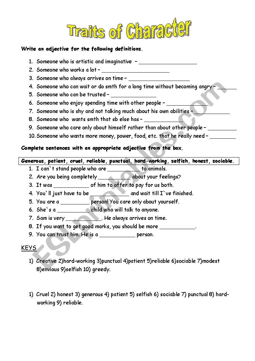 Traits of Character worksheet