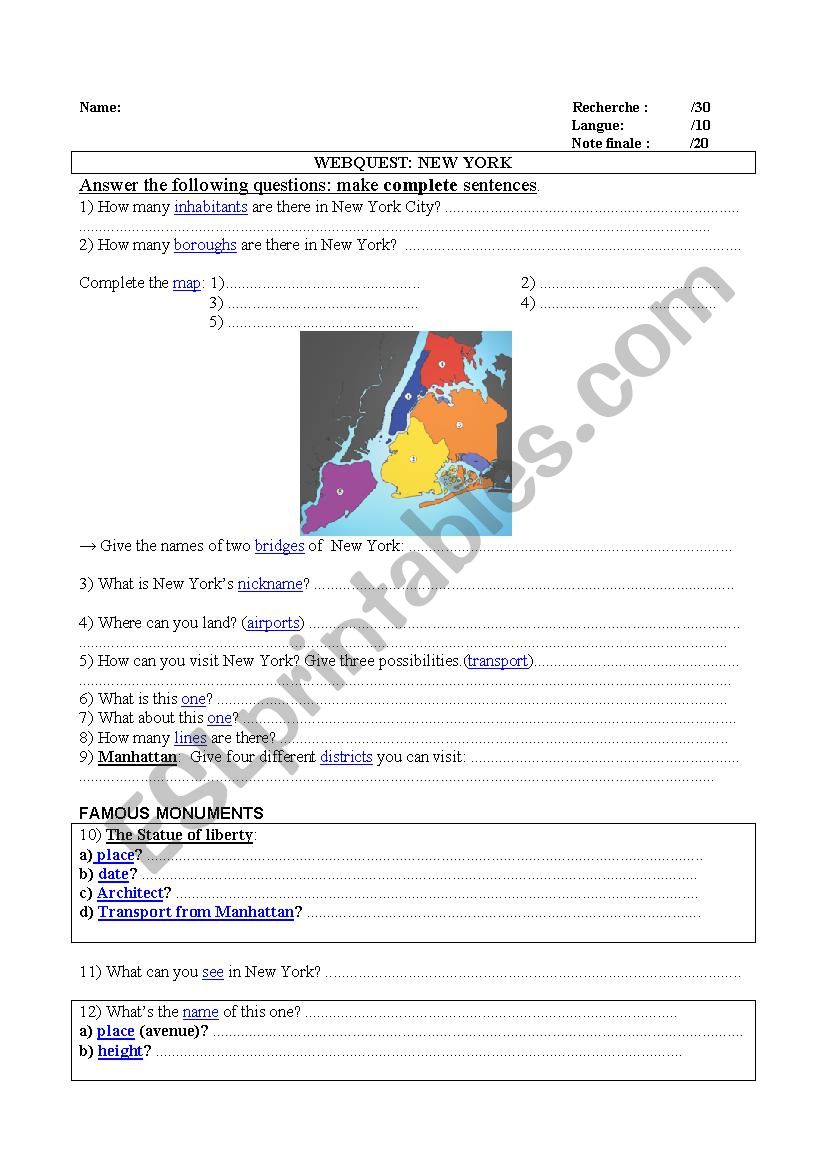 webquest New York worksheet