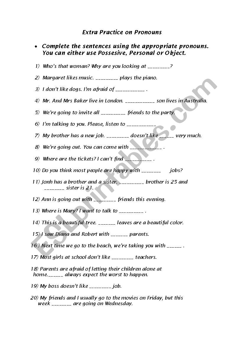 Pronouns worksheet