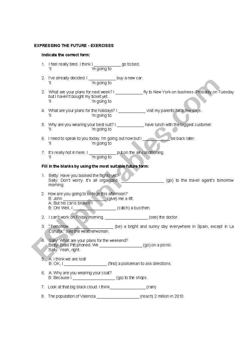 Future exercises worksheet