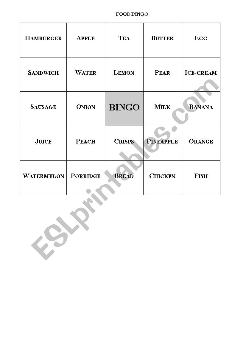 FOOD BINGO worksheet