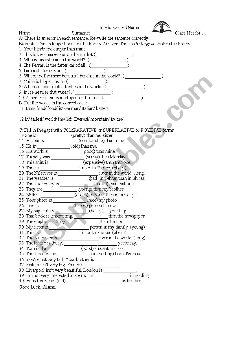 comparatives and superlatives worksheet